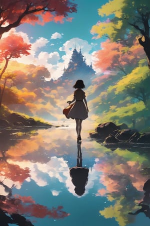 Silhouette of a girl in a scenery of a magical world, fantastic scenery of another world, close-up, double exposure, white background, vibrant colors, Studio Ghibli, StdGBRedmAF, lineart