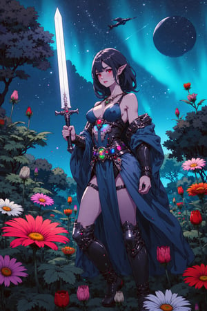 A cinematic medium shot of a female knight in a dark fantasy setting. She is dressed in a holographic latex laced-up corset, a chainmail skirt, and a thigh-high boot. She holds a glowing sword raised in anticipation of battle. The background reveals a lush alien planet with vivid, bioluminescent flora and fauna. The sky is filled with swirling auroras. The overall image has a dramatic, cinematic, and evocative atmosphere.