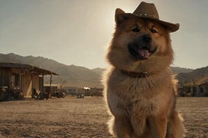 Film still of an eurasier dog in a vast desert landscapes, rugged mountains, and a small dusty town. The dog is wearing a cowboy hat. The scene includes dramatic lighting, and long shadows cast by the setting sun. The color palette includes muted earth tones with hints of golden sunlight. Shot on ARRI Alexa.