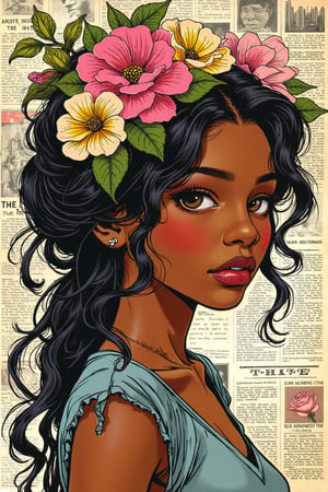 A captivating, vibrant painting of a dark skin tone Hispanic young woman with striking brown eyes captured in a side profile. Her face is partially obscured by a collage of newspaper pages. Her long wavy black/gray hair is styled elegantly in a messy updo, adorned with a stunning assortment of pink, yellow, and white flowers. The background is a fascinating blend of urban aesthetics, featuring newspaper clippings and intricate leaves and botanical illustrations interwoven throughout the image. The artwork exudes energy and vibrancy, masterfully combining elements of nature with urban elements in a harmonious and visually striking manner.