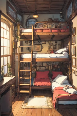 bunk bed in a cozy steampunk room, vibrant colors, Studio Ghibli, StdGBRedmAF, lineart