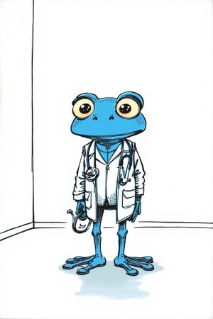 A hand-drawn illustration of a blue frog with a human body wearing a doctor's coat and a stethoscope. The frog is standing in a hospital white room and looking directly at the camera. The room is empty. The overall image has a funny and quirky vibe.