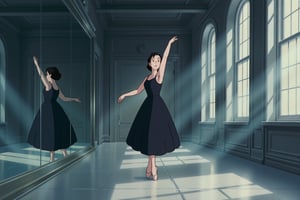 Studio Ghibli style image of a graceful ballerina stands in a spacious, dimly lit dance studio, poised on her toes with one arm extended towards the ceiling. Her reflection stretches across the mirrored wall, capturing her elegant form and the delicate lines of her posture. Dust motes float in the soft morning light streaming through tall windows, and the faint sound of classical music lingers in the air. Her expression is one of deep concentration as she moves through her routine with fluid, practiced motions, embodying both strength and grace as she dances in solitude.