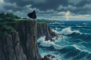 Studio ghibli anime style of a cloaked figure stands at the edge of a towering cliff, overlooking a vast and stormy ocean. The wind whips their cloak around them as they stare out at the churning waves crashing against jagged rocks below. Dark clouds roll across the sky, the occasional flash of lightning illuminating the turbulent sea. The figure’s posture is tense, as if bracing against the forces of nature, yet there is a quiet strength in their stance. The scene is dramatic and moody, capturing the raw power of the elements and the figure’s solitary defiance.