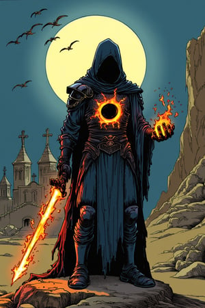 spirouEtFantasio style drawing of a mysterious hooded figure stands in a majestic desert city with churches and castles richly decorated with muamor. The full moon illuminates the scene. The central character is a mystical warrior. He is clad in intricate ancient armor with black plates and dark tattered fabric. There is an empty dark hole on the chest of the character, surrounded by a ring of fire. The figure has a capisce-like head made of dark cloth, with the face hidden beneath the capiz. The eyes make the appearance otherworldly and mysterious. The figure holds a sword made of fire in his right hand and fire in the palm of his other hand. The atmosphere is mysterious, powerful, and ancient.