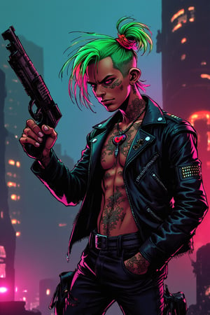 a dystopian punk hero, dressed in a studded leather jacket, sporting a rebellious green and pink hairstyle, a heart-shaped necklace, and intricate body tattoos. He confidently wields a powerful ray gun in his hand. The backdrop features a dark, futuristic cityscape with towering, neon-lit buildings, reflecting the bleak atmosphere of this post-apocalyptic world.