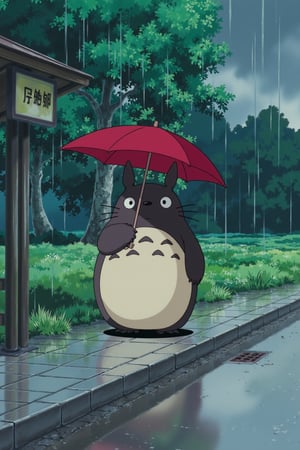 anime style image of a Totoro holding a red umbrella under an heavy rain at a bus stop in the countryside