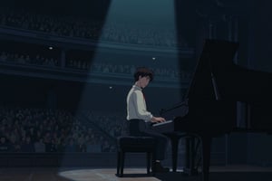 anime style image of a young musician stands alone on a dimly lit stage, his fingers poised over the keys of a grand piano. The air is thick with anticipation, the spotlight casting a soft glow over his focused expression. Around him, the theater is silent, the empty seats forming a sea of shadows beyond the stage lights. His hands finally move, and the first soft notes fill the air, reverberating through the stillness of the room. The scene is intimate and full of passion, capturing the solitary beauty of the musician's connection to his art as he pours his soul into each note.