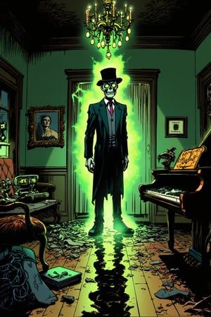 franco-belgian comic drawing with spirouEtFantasio style of a haunted Victorian parlor with a ghostly figure floating in the center. The figure wears a dark suit and top hat, with a skeletal face illuminated by glowing green eyes. Ethereal green energy radiates from its body. The room is in disarray, with antique furniture, a shattered grand piano, and debris scattered across the floor. A flickering chandelier hangs from the ceiling, and an old painting on the wall adds to the eerie, unsettling atmosphere of the haunted scene.