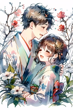 couple_(romantic), blush, brown hair, closed eyes, flower, hair ornament, japanese clothes, kimono, mates, open mouth, black hair, brown eyes, white hair, short hair, smile,CrclWc,simple background,charcoal \(medium\),yunjindef,watercolor