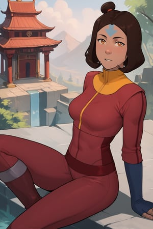 score_9, score_8_up, score_7_up, score_6_up, score_5_up, score_4_up, 1girl, Jinora, jinora, the legend of korra, BREAK:Temple, brown_eyes. yellow collar, red bodysuit, grey sleeves, fingerless gloves, red pants, knee boots, long_sleeves, meditating, Gyana_mudra,