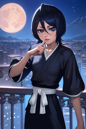 score_9, score_8_up, score_7_up, source_anime, ((defrka, black eyes, black hair, short hair, short_girl, athletic, skinny, small_breasts))  city, cityscape, skyscrapers, night, moon, steam, lasterk, full_body, balcony, black robes, sash, wide sleeves, looking_at_viewer, finger_to_lips,