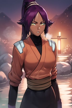 score_9, score_8_up, score_7_up, source_anime, ((Yoruichi Shihoin, long hair, yellow eyes, ponytail, purple_hair, dark skin, dark-skinned female, athletic)) evening, hot_spring, steam, lasterk, finger_to_lips,