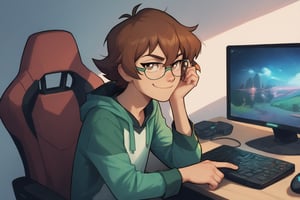 score_9, score_8_up, score_7_up, score_6_up,  (Pidge-Gunderson, short hair, brown hair, brown eyes, glasses, Voltron, 1girl, solo, flat_chested, skinny,) , gamer chair, messy hair, sitting, looking at viewer, smirk, gamer girl, messy bedroom, snacks, messy computer desk, computer gaming, large hoodie, trap,