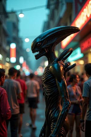 In a cinematic scene, an alien stands in the bustling streets of Colombo, surrounded by curious onlookers. The predator-like extraterrestrial is captured in a dynamic composition, with the vibrant cityscape of Colombo providing a stark contrast. The lighting emphasizes the alien's otherworldly presence, while the crowd's reactions add to the dramatic tension. The frame is set to capture the alien's interaction with the human environment, creating a vivid and intense visual narrative.