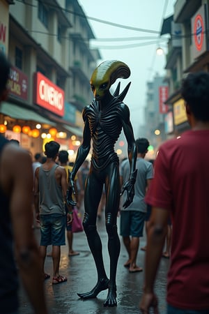 In a cinematic scene, an alien stands in the bustling streets of Colombo, surrounded by curious onlookers. The predator-like extraterrestrial is captured in a dynamic composition, with the vibrant cityscape of Colombo providing a stark contrast. The lighting emphasizes the alien's otherworldly presence, while the crowd's reactions add to the dramatic tension. The frame is set to capture the alien's interaction with the human environment, creating a vivid and intense visual narrative.