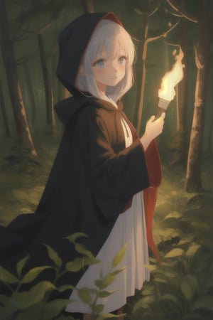 
girl in the forest at night holding a torch, having a cloak on with the hood on her head
,cute,anime,mix