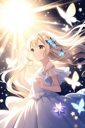 A girl with beige hair that seems to be illuminated by sunlight, with golden highlights in her mane. She could be surrounded by magical elements like stars or butterflies.


,cute,anime,mix,pastel,