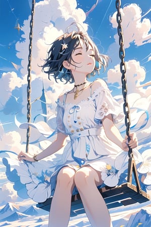 best quality,masterpiece,1girl, above clouds, solo, short hair, bangs, black hair, dress, sitting, closed eyes, short sleeves, outdoors, parted lips, sky, day, cloud, white dress, blue sky, cloudy sky, swing


,cute,anime,mix,pastel,scenery,AG