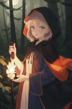 
girl in the forest at night holding a torch, having a cloak on with the hood on her head
,cute,anime,mix