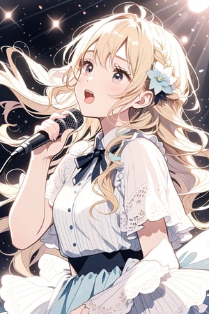 girl with blonde hair while she has a microphone and is singing

,cute,anime,mix,pastel