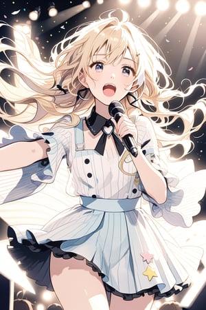 girl with blonde hair while she has a microphone and is singing

,cute,anime,mix,pastel