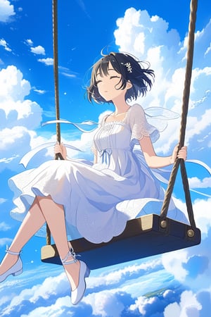 best quality,masterpiece,1girl, above clouds, solo, short hair, bangs, black hair, dress, sitting, closed eyes, short sleeves, outdoors, parted lips, sky, day, cloud, white dress, blue sky, cloudy sky, swing


,cute,anime,mix,pastel,scenery,AG