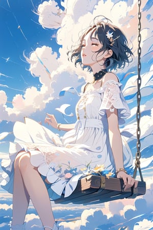 best quality,masterpiece,1girl, above clouds, solo, short hair, bangs, black hair, dress, sitting, closed eyes, short sleeves, outdoors, parted lips, sky, day, cloud, white dress, blue sky, cloudy sky, swing


,cute,anime,mix,pastel,scenery,AG