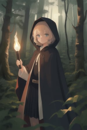 
girl in the forest at night holding a torch, having a cloak on with the hood on her head
,cute,anime,mix