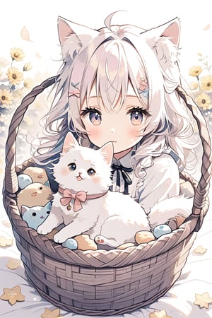 small fluffy white fluffy cat in a basket

,cute,anime,mix,pastel