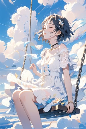 best quality,masterpiece,1girl, above clouds, solo, short hair, bangs, black hair, dress, sitting, closed eyes, short sleeves, outdoors, parted lips, sky, day, cloud, white dress, blue sky, cloudy sky, swing


,cute,anime,mix,pastel,scenery,AG