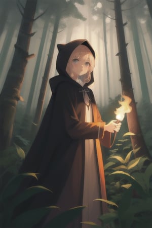 
girl in the forest at night holding a torch, having a cloak on with the hood on her head
,cute,anime,mix