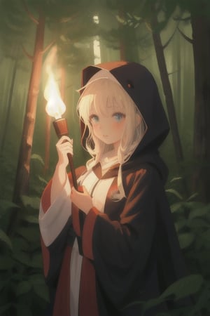 
girl in the forest at night holding a torch, having a cloak on with the hood on her head
,cute,anime,mix