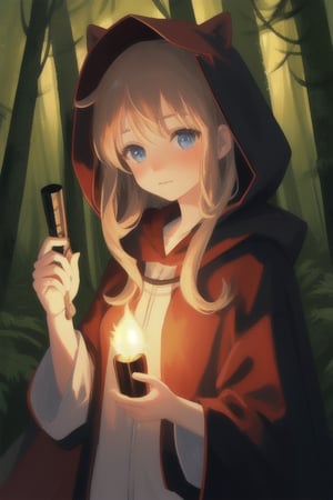 
girl in the forest at night holding a torch, having a cloak on with the hood on her head
,cute,anime,mix