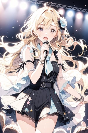 girl with blonde hair while she has a microphone 

,cute,anime,mix,pastel