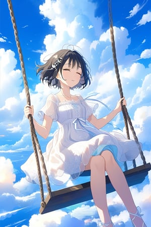 best quality,masterpiece,1girl, above clouds, solo, short hair, bangs, black hair, dress, sitting, closed eyes, short sleeves, outdoors, parted lips, sky, day, cloud, white dress, blue sky, cloudy sky, swing


,cute,anime,mix,pastel,scenery,AG