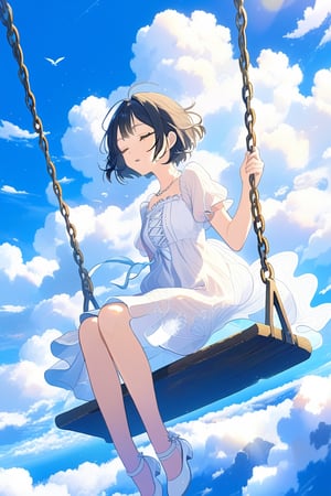 best quality,masterpiece,1girl, above clouds, solo, short hair, bangs, black hair, dress, sitting, closed eyes, short sleeves, outdoors, parted lips, sky, day, cloud, white dress, blue sky, cloudy sky, swing


,cute,anime,mix,pastel,scenery,AG