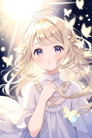 A girl with beige hair that seems to be illuminated by sunlight, with golden highlights in her mane. She could be surrounded by magical elements like stars or butterflies.


,cute,anime,mix,pastel,