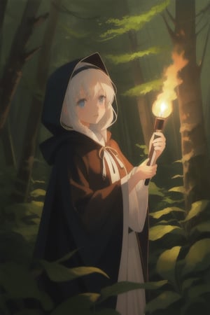 
girl in the forest at night holding a torch, having a cloak on with the hood on her head
,cute,anime,mix