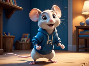 Detailed illustration of cute little mouse Abe, jumping happily at home. Children's book illustration style, simple and cute, full color, 3D model, soft light and shadow, wearing blue sweatshirt, solid color, high quality, 8K Ultra HD, high detail, sharp focus, octane rendering, 3D, perfect face, detailed Face, detailed face, perfectly sharp lips, detailed eyes. Pixar
