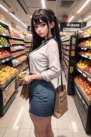 there is a woman standing in front of a produce section, getting groceries, shopping groceries, stood in a supermarket, in style of digital illustration, detailed fanart, high quality fanart, cartoon digital painting, in an anime style, official fanart, digital drawing, artwork in the style of guweiz, in the art style of bowater, in anime style, urban girl fanart