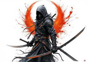 line art 2.5D anime style, an ninja assassin,.wear hoodie, wear a  half assassin mask, wield a dual blade with grip at center part, curving like a moon shape, white background, fully with smoke and foggy (line stroke style), the art mixing with black, white, orange and red colors