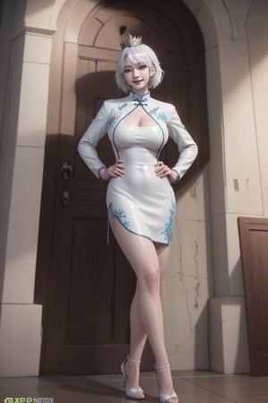 create a full body length of a 1girl, solo, young woman, huge boob, short hair, white hair, blue eyes, smiling, female focus, wearing queen crown, white jacket, white cheongsam, short cheongsam, mecha, wearing high heel, front view, standing confidently with spread leg and hands on hip, perfect hands, Hyper Detailed, Cinematic Lighting Photography capturing every intricate detail, shot on nvidia rtx for realism, showcasing super-resolution and rendered in Unreal 5. Enhanced with subsurface scattering and PBR texturing for a lifelike appearance, in stunning 32k UHD resolution.
