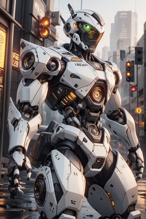 Create an poster image full lenght of a white dragon Robot Mecha Soldier, wearing Futuristic gold and white Soldier Armor and Weapons, Front View, Bring The Weapon, Reflection Mapping, Realistic Figure, Hyper Detailed, Cinematic Lighting Photography, hdr, ray tracing, nvidia rtx, super-resolution, unreal 5, subsurface scattering, pbr texturing, post-processing, anisotropic filtering, depth of field, maximum clarity and sharpness, hyper realism, depth of field --ar 51:64 --niji 6 --style raw