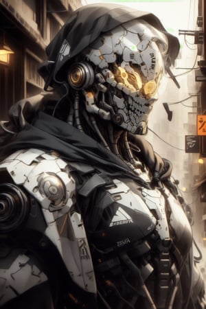 In a tight close-up shot, the camera captures the intense gaze of a muscular cyberpunk cybernetic black skeleton, wears a tattered black hoodie. white armor plates, casting long shadows across the dark alleyway. dynamic pose, In the city's dark streets stretch out like a canvas of uncertainty. ultra realism, photography, Cinematography style, 16k clear resolution, ultra HD, sharp realistic details, realistic shadows, more realistic appearance, realistic vision, clear detailed background, cinematic shot, sharp focus, texture light, real-time lighting, high key lighting, clear ultra-high texture, ultra-high quality, ultra-high clarity, clear ultra-high detailed, high definition. V-ray, ray tracing, vibrant colors, anti-aliasing, shadows.