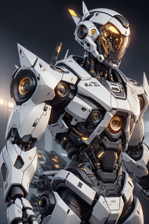 Create an poster image full lenght of a white dragon Robot Mecha Soldier, wearing Futuristic gold and white Soldier Armor and Weapons, Reflection Mapping, Realistic Figure, Hyper Detailed, Cinematic Lighting Photography, hdr, ray tracing, nvidia rtx, super-resolution, unreal 5, subsurface scattering, pbr texturing, post-processing, anisotropic filtering, depth of field, maximum clarity and sharpness, hyper realism, depth of field --ar 51:64 --niji 6 --style raw