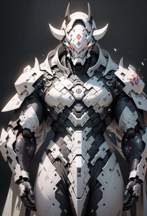 a close up of a robot on a black background, male djinn man demon hybrid, all white render, yoshitaka amano character design, official character art, metahuman, humanoid flora, characters merged, rhino, vril, reincarnated as a slime, silver white red details, art render, anthropomorphic humanoid, artstyleunknown,