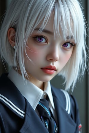 (dramatic:1.4) , hyper detailed , cover magazine featuring a realistic sexy girl with, a pretty face, white hair, (bob long haircut style) , purple eyes, (sexy school uniform:1.2), vivid colors, 8k, UHD, HDR, (Masterpiece:1.5) , (best quality:1.5) ,