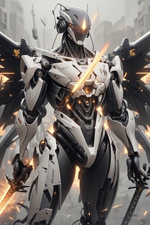 mecha, robot, no_humans, weapon, holding, sword, solo, wings, holding_weapon, mechanical_wings, beam_saber, v-fin, holding_sword, dual_wielding, science_fiction, grey_background, energy_sword, glowing