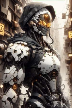 In a tight close-up shot, the camera captures the intense gaze of a muscular cyberpunk cybernetic black skeleton, wears a tattered black hoodie. white armor plates, casting long shadows across the dark alleyway. dynamic pose, In the city's dark streets stretch out like a canvas of uncertainty. ultra realism, photography, Cinematography style, 16k clear resolution, ultra HD, sharp realistic details, realistic shadows, more realistic appearance, realistic vision, clear detailed background, cinematic shot, sharp focus, texture light, real-time lighting, high key lighting, clear ultra-high texture, ultra-high quality, ultra-high clarity, clear ultra-high detailed, high definition. V-ray, ray tracing, vibrant colors, anti-aliasing, shadows.